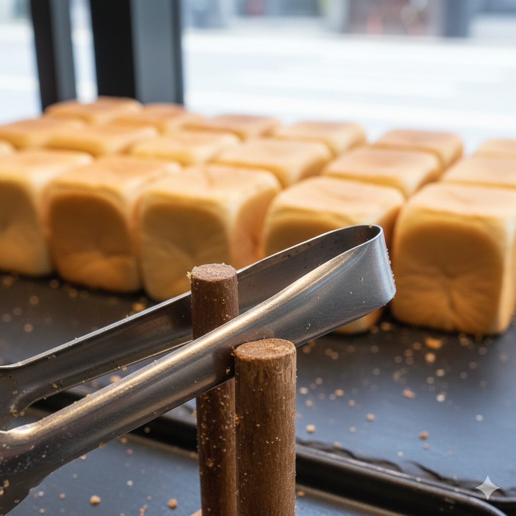 金属製のトングと木製のスタンドの接写。表面に細かいパン屑や茶色の汚れがびっしりと付いており、不衛生な状態。背景にはぼけた状態で並んだミニ食パンが見えます。