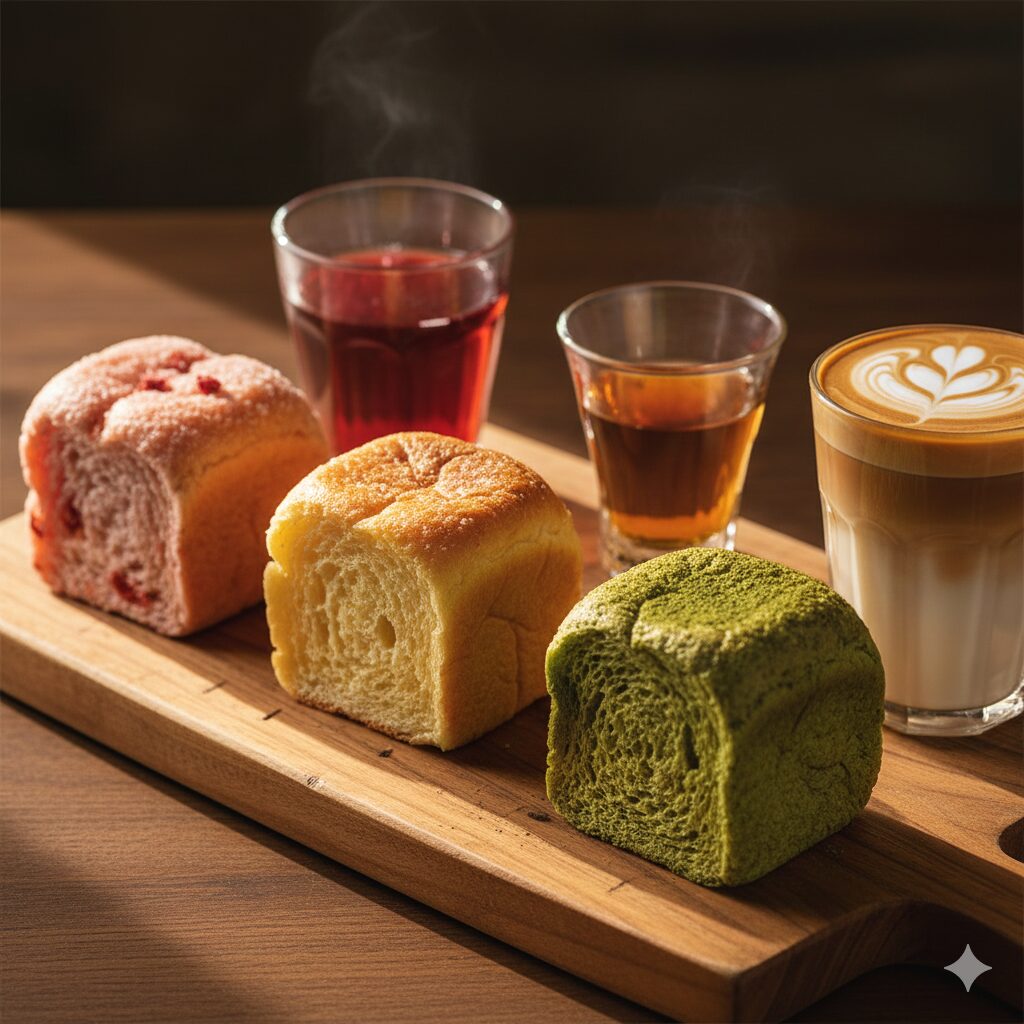 厚みのあるウッドボードの上に、粉糖がかかったいちごパン、ふんわりしたプレーン、きめ細かな抹茶のキューブパン。背景にはラテアートが施されたカフェラテと、2種類の温かい飲み物が並び、温かみのある照明に照らされています。