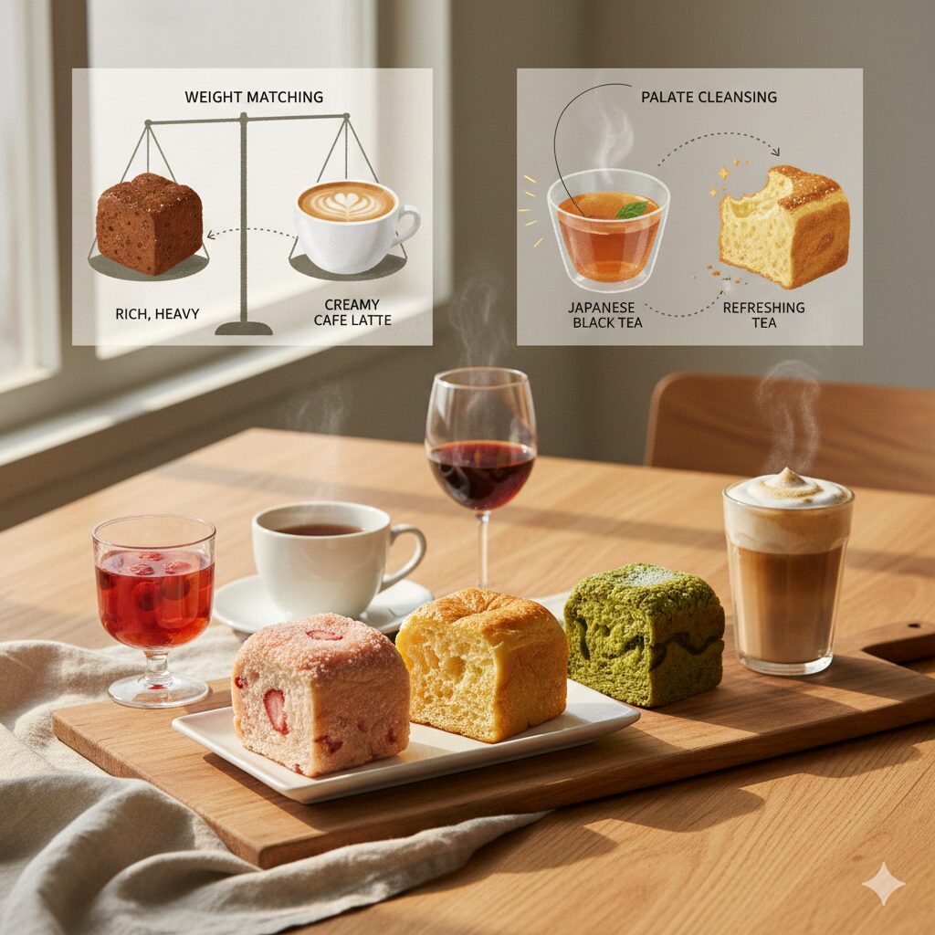 木製ボードに乗ったいちご、プレーン、抹茶のキューブパン。背景にはラテや紅茶、赤ワインが並び、上部には「重厚なパンにはクリーミーなラテ」「和紅茶にはリフレッシュ効果」といったペアリングのコツが図解されています