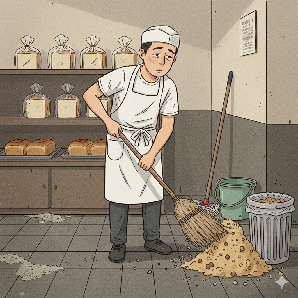 過酷な労働を感じさせるパン職人のイラスト。白いエプロン姿の男性が、目の下にクマを作り、力なくほうきを動かして床の大きなゴミの山を掃除しています。背景の棚には焼き上がった食パンが並び、足元にはバケツと溢れそうなゴミ箱が置かれています。