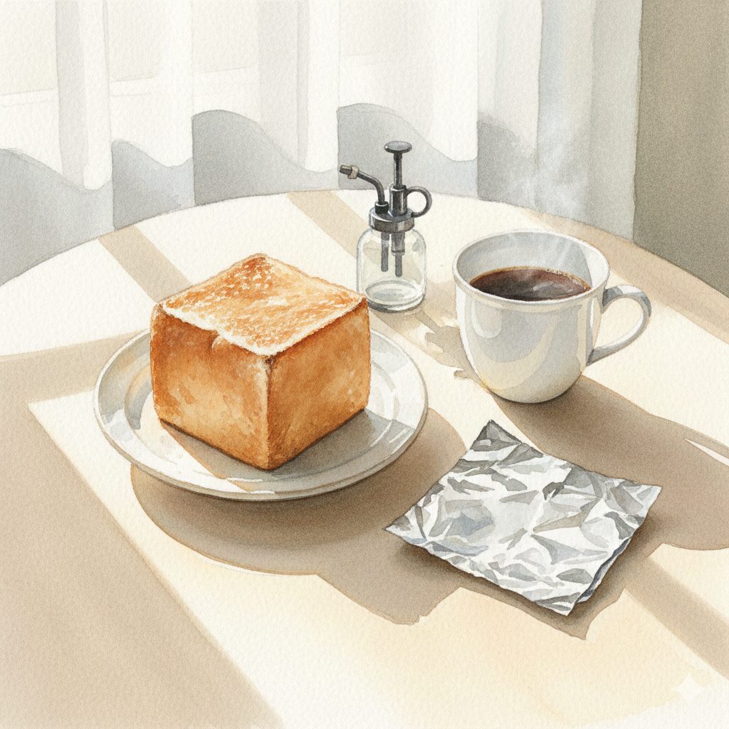 窓際からの明るい光が差し込む白いテーブルに、こんがり焼けたキューブ型のパンが載った皿、湯気の立つコーヒー、霧吹き、アルミホイルが配置された、淡い色彩の水彩画イラスト。