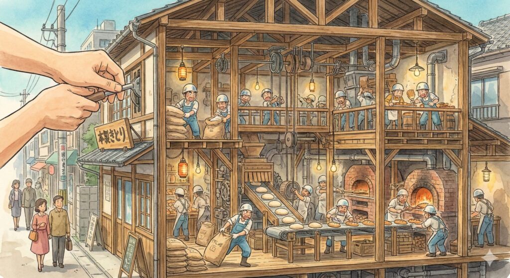 水彩イラストで描かれた、古い木造建物の断面図。内部は活気あるパン製造工場で、多くの職人が働いている。左上から巨大な手が看板を修理している。レトロな日本の街並み。