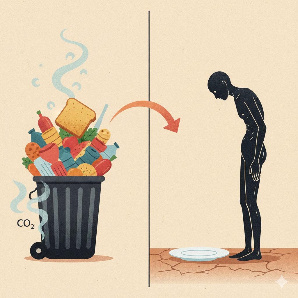 画面の中央で左右に分かれた対比構造のイラストです。左側にはゴミ箱があり、食パンや野菜、飲料ボトルなどの食べ物が山積みに捨てられ、上部にはCO2の文字と煙が漂っています。そこから赤い矢印が右側を指しており、右側にはひび割れた大地の上で、空っぽの皿の前に立つ痩せ細った黒いシルエットの人物が描かれています。食品ロスが環境負荷(二酸化炭素)を与え、世界の飢餓問題に関連していることを示唆する風刺的なデザインです。