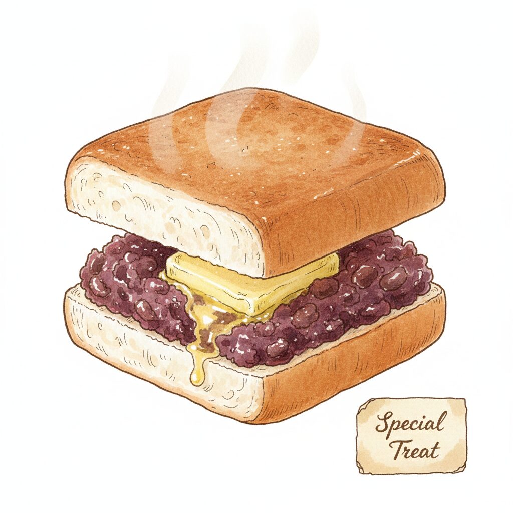 水彩画風のタッチで描かれた、厚切りパンにたっぷりの粒あんと溶けかかったバターが挟まったあんバターサンドのイラスト。「Special Treat」のラベル付き。