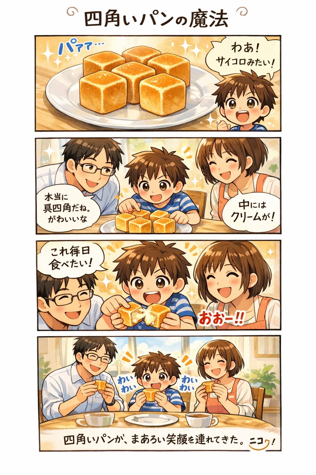 4コマ構成のイラスト。上から、皿に盛られた6個の黄金色のキューブパン、それを見て喜ぶ家族、パンを割ると中から白いクリームが溢れ出す様子、最後は全員でパンを頬張る温かい食卓の風景が描かれています。