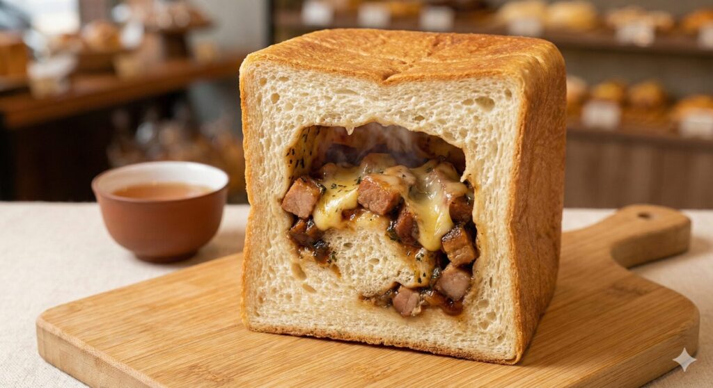 木製のカッティングボードの上に置かれた、厚切りの角食パンの断面。パンの中央がくり抜かれ、中には照りのある豚の角煮と溶けたチーズがたっぷりと詰まっており、湯気が立っている。左奥には茶器が置かれ、背景にはパン屋の棚がうっすらと見える。