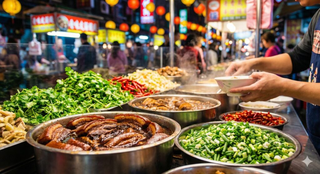 台湾の夜市の屋台に並ぶ多種多様な食材。手前には大きなステンレスのボウルに入った豚の角煮(ルーロー)、刻みネギ、唐辛子、パクチーなどの薬味が鮮やかに並んでいる。店員が白い器に料理を盛り付けている躍動感のあるカット。背景には赤い提灯と大勢の客で賑わう夜市の様子が広がる。