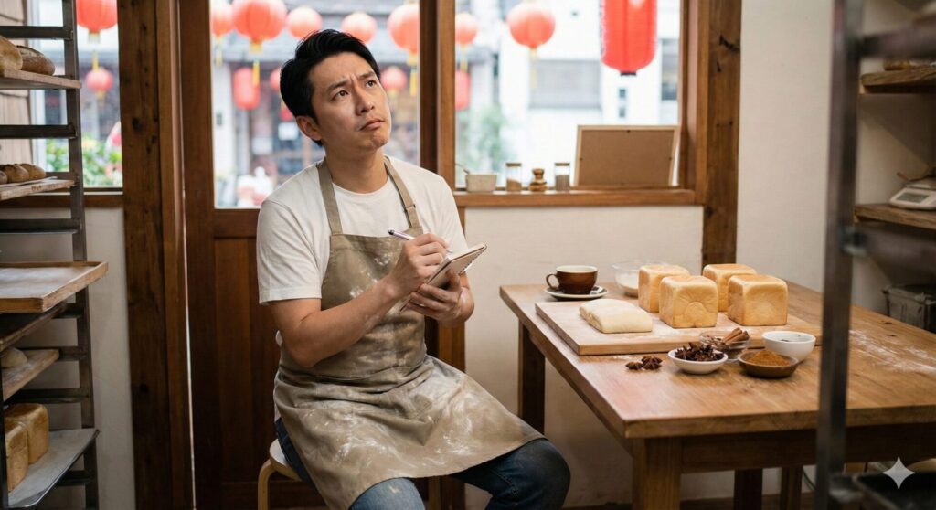 白いTシャツに粉の付いたベージュのエプロンを着たアジア系の男性パン職人が、木の椅子に座り、メモ帳とペンを手に上を見上げながら考え事をしている様子。背景の窓越しには赤い提灯が並ぶ街並みが見え、手前のテーブルには角食パンやスパイス(八角、シナモン、粉末)が置かれている。温かみのある工房の風景。