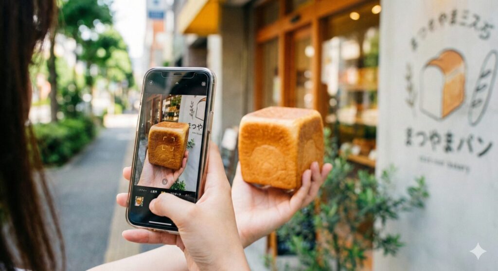 パンは完璧な正方形(キューブ型)で、こんがりとしたきつね色の焼き目が特徴的。スマートフォンの画面には、カメラアプリがパンにフォーカスを合わせている様子が映っています。