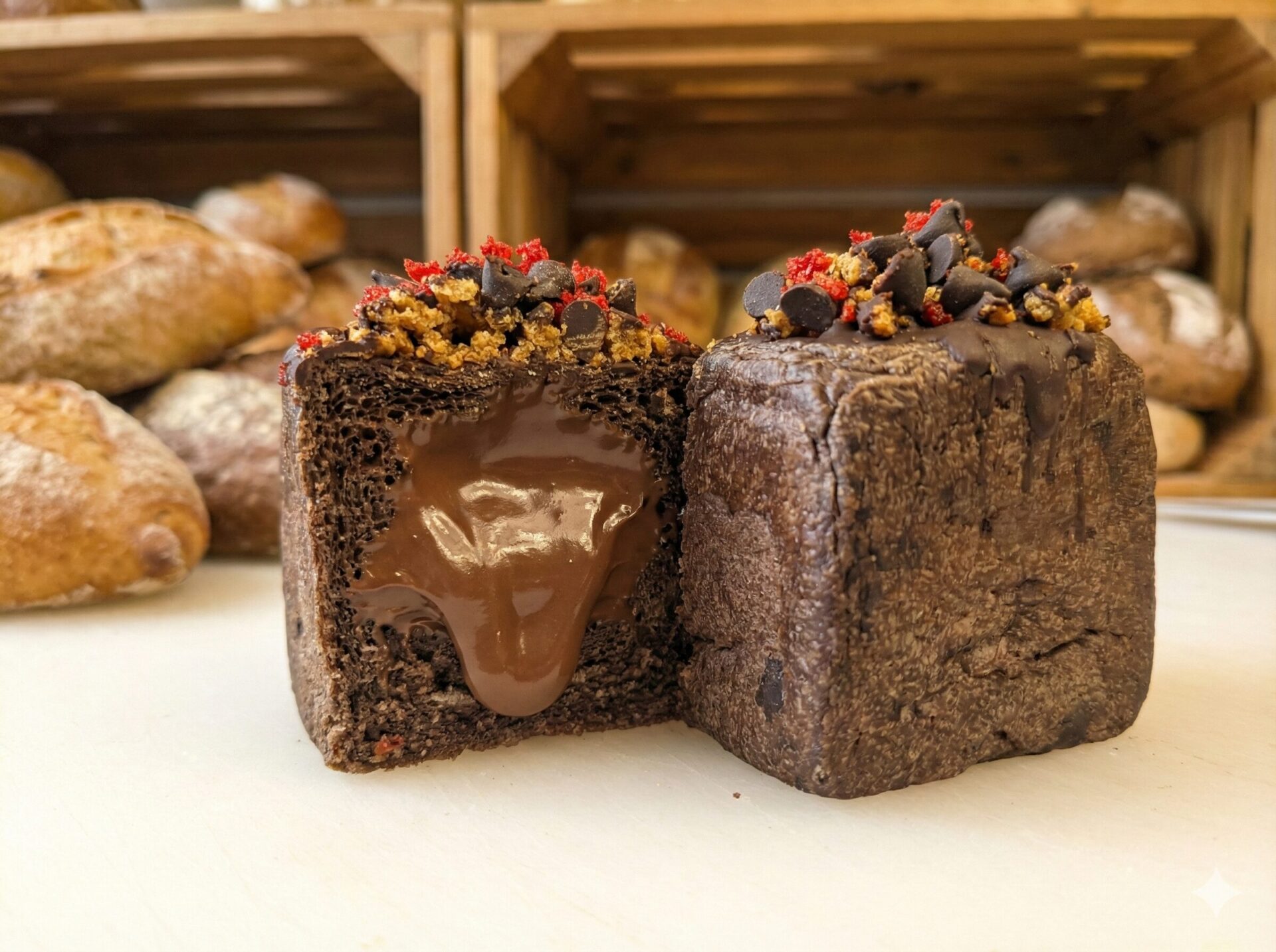 とろりとチョコレートが溶け出す断面が魅力的なトリプルチョコキューブパン。ココア生地のキューブ型パンにチョコチップなどがトッピングされており、背景にはパン屋の木製棚に他の焼きたてパンが並んでいる。