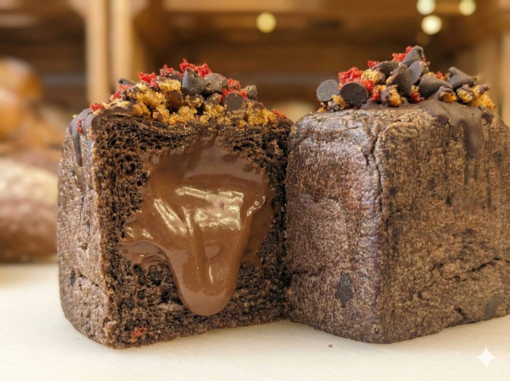 とろりとチョコレートが溶け出す断面が魅力的なトリプルチョコキューブパン。ココア生地のキューブ型パンにチョコチップなどがトッピングされており、背景にはパン屋の木製棚に他の焼きたてパンが並んでいる。