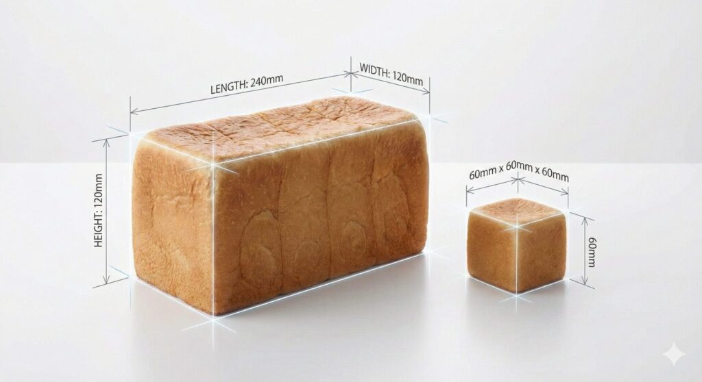 白背景に並んだ2つの食パンの寸法図。左側には長さ240mm、幅120mm、高さ120mmのサイズ表記がある一斤の食パンがあり、右側には一辺が60mmの小さなキューブ型の食パンが配置されている。それぞれのパンの大きさをミリ単位で正確に示したテクニカルな比較写真。