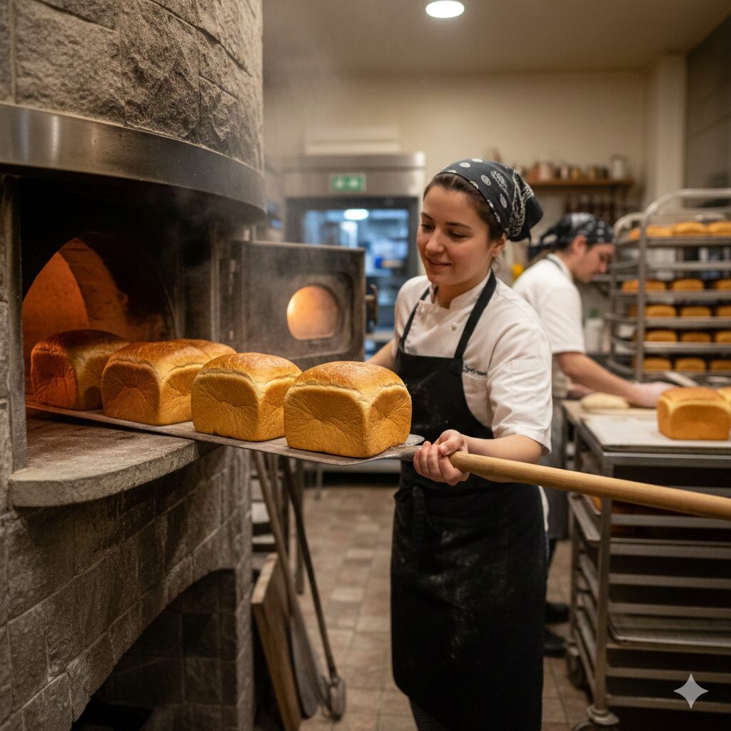 石窯から焼きたての山型食パンを大きなピールで取り出す、白いコックコートと黒いエプロン姿の女性パン職人。背景には作業中の別のスタッフとパンラックが並ぶ厨房の様子。