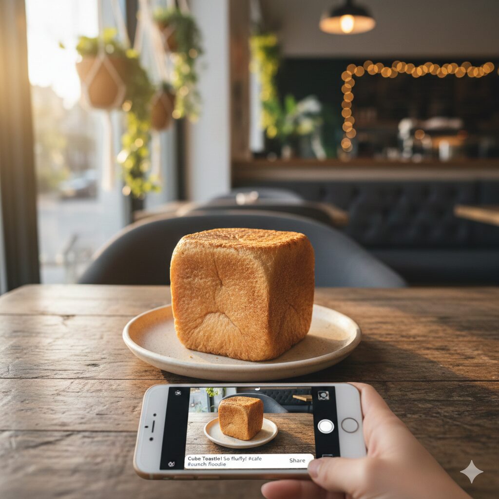 カフェの木製テーブルに置かれたプレーンなキューブトーストを、スマートフォンで撮影している手元のクローズアップ。スマホの画面には「Cube Toast! So fluffy!」というキャプションと共にSNS投稿直前の編集画面が映っている。背景には観葉植物と柔らかな逆光が差し込む窓辺。