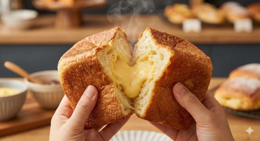 両手で半分に割った焼きたてのデニッシュ風キューブパンから、とろりとした濃厚なカスタードクリームが溢れ出し、白い湯気が立ち上がっているクローズアップ写真。背景には木製のテーブルと他のパンがボケて写っており、食欲をそそるシズル感を強調した構図。