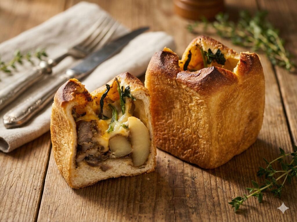 こんがりと焼き色のついたキューブ型の惣菜パン。手前のパンは半分にカットされ、中には大きなカットポテト、柔らかそうな牛肉、とろけるチーズ、ほうれん草が入った具だくさんな中身が見える。表面のパンの耳はカリッと香ばしく焼き上げられ、背景にはカトラリーとフレッシュなハーブが置かれた、食欲をそそるランチタイムのスタイリング。