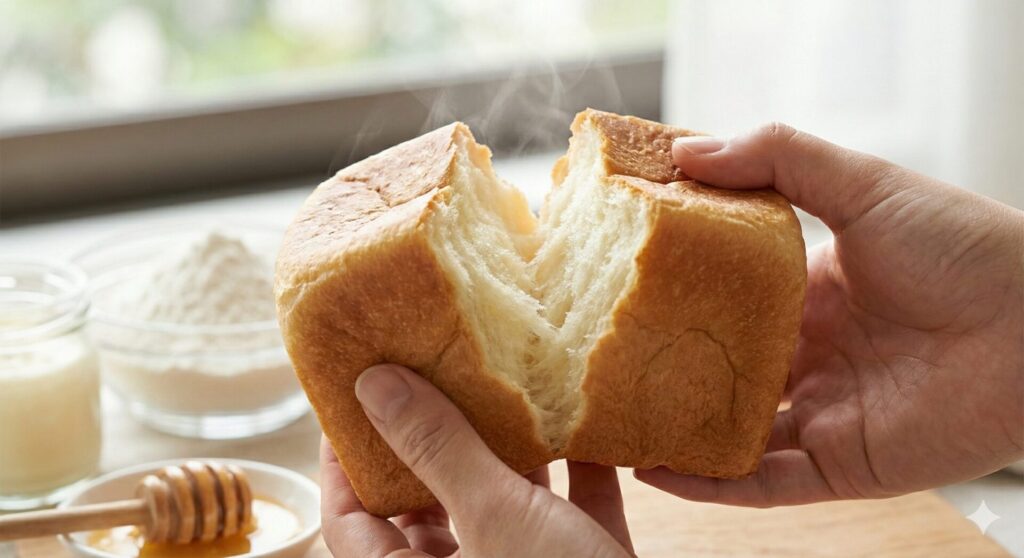 人の手によって中心から引き裂かれる黄金色の食パン。引きの強い生地の糸を引くような質感がアップで写っており、湯気が舞っている。背景には材料の小麦粉、はちみつ、ミルクの瓶がボケて配置され、手作りのこだわりを表現している。