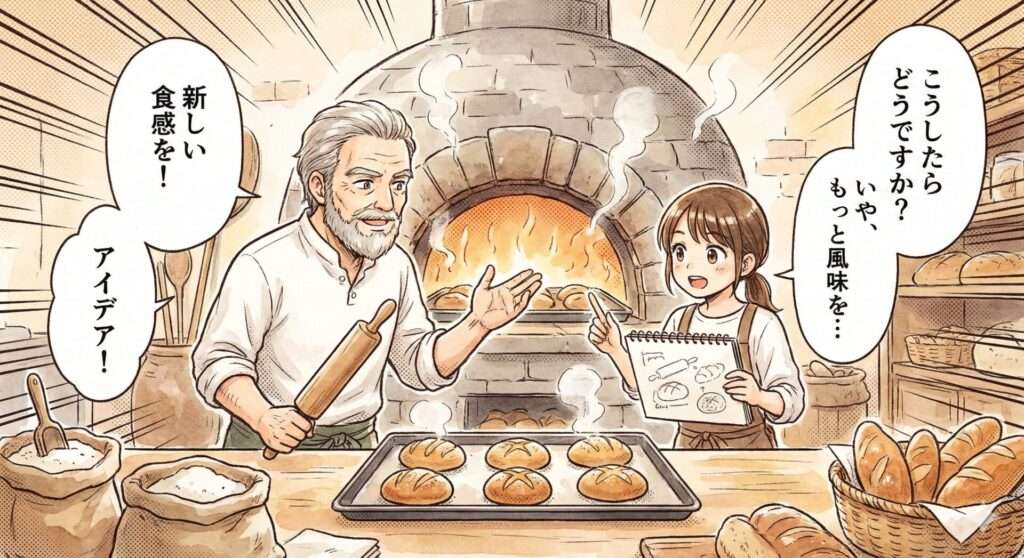 パン屋の店長とスタッフがオーブンの前で話し合い新しいパンを作りだそうとしている感じの場面を漫画風