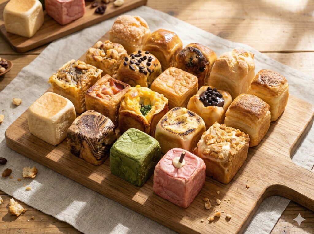 木皿の上に整然と並べられた色とりどりの小さなキューブ型のパン。抹茶、イチゴ、チョコチップ、惣菜系など、焼き色やトッピングが異なる約20種類のミニ食パンが、リネンの布を敷いたウッドテーブルの上で温かみのある自然光に照らされている様子。