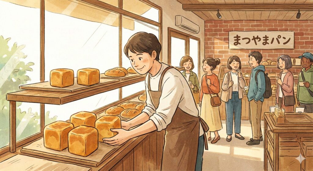 柔らかなタッチのイラスト。レンガ壁の温かい雰囲気のベーカリー「まつやまパン」の店内で、エプロン姿の店主が棚に黄金色のキューブ型食パンを丁寧に並べています。大きな窓からは外光が差し込み、背景には老若男女の客が列を作り、楽しそうに談笑しています。店内の看板には「まつやまパン」の文字があり、地域に愛される活気あるパン屋の風景が描かれています。