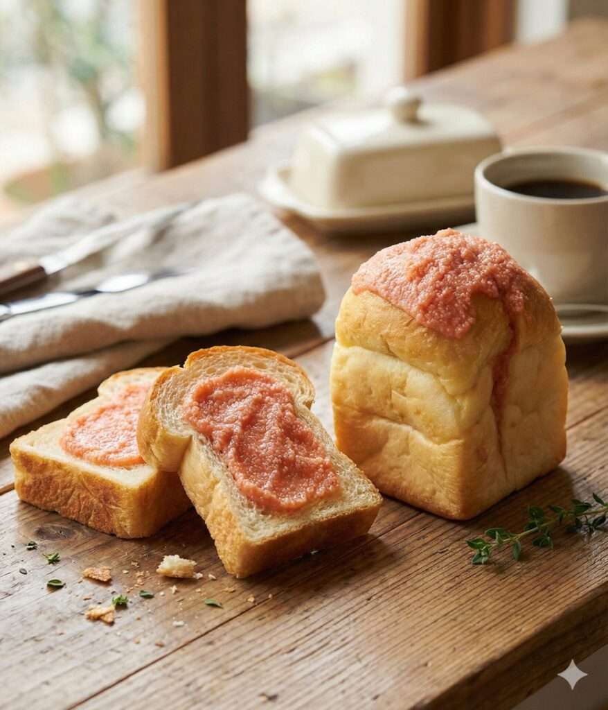 粒感の際立つピンク色の明太子ペースト（または明太子バター）が、こんがりと焼けた厚切りトーストの表面に厚く塗られています。隣には一斤のミニ食パンがあり、その頂部からも明太子ペーストが溢れ出している様子が描かれ、シズル感を強調しています。