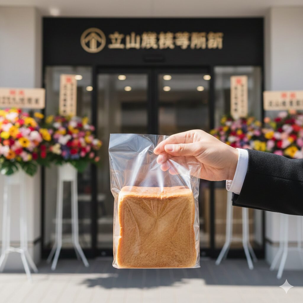 スーツ姿の人物が、焼き色の美しい一斤の角食パンを透明な袋に入れて正面に掲げている。背景には「立山...」と書かれた看板の店舗入り口があり、左右には赤や黄色の色鮮やかな開店祝いのスタンド花が並んでいる。新店舗のオープンを象徴する清潔感のある構図。