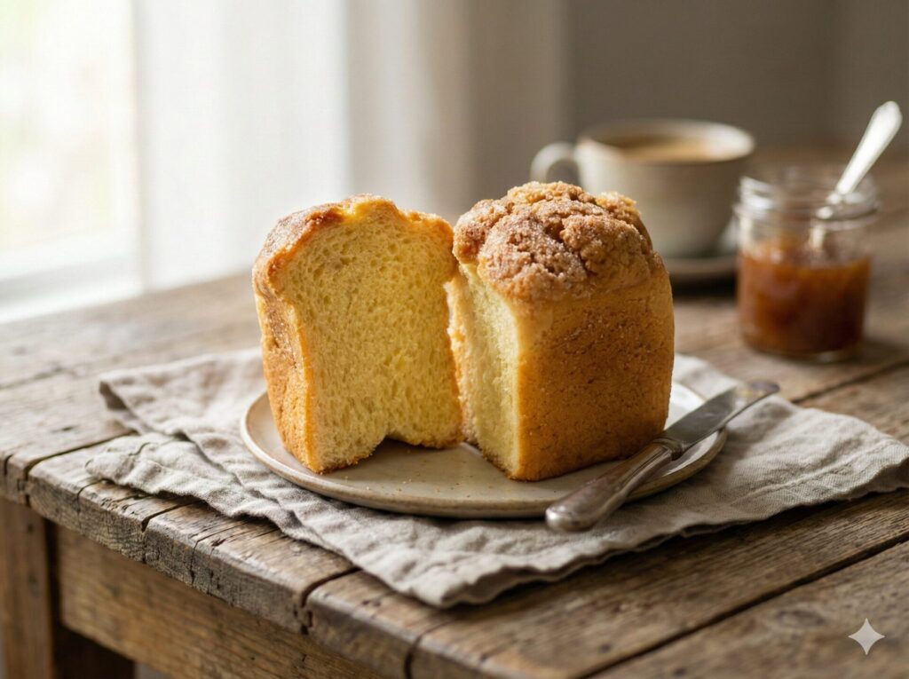 素朴な木製テーブルの上、リネンのナプキンが敷かれた皿に載るキューブ型のキューブなメロンパン。半分に割られた断面からは、キメの細かいふんわりとした黄金色の生地が見える。天面にはザラメ糖とバターが溶け合った香ばしいクッキー生地のトッピングが施されている。背景にはジャムの瓶とコーヒーカップが置かれ、窓からの柔らかな自然光が差し込む、落ち着いた朝のティータイムの風景。