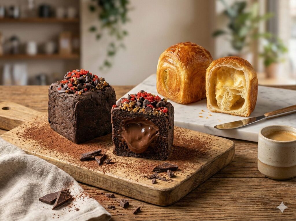 木製のカッティングボードに載った2種類のキューブ型デニッシュパン。手前には断面から濃厚なチョコクリームが溢れ出すショコラキューブがあり、上部にはチョコチップと赤いベリーのトッピングが施されている。奥の白い大理石プレートには、断面から黄色いカスタードクリームが覗く黄金色のデニッシュパンが置かれている。周囲にはココアパウダー、砕いたチョコレート、コーヒーカップが配置された、温かみのあるカフェの風景。