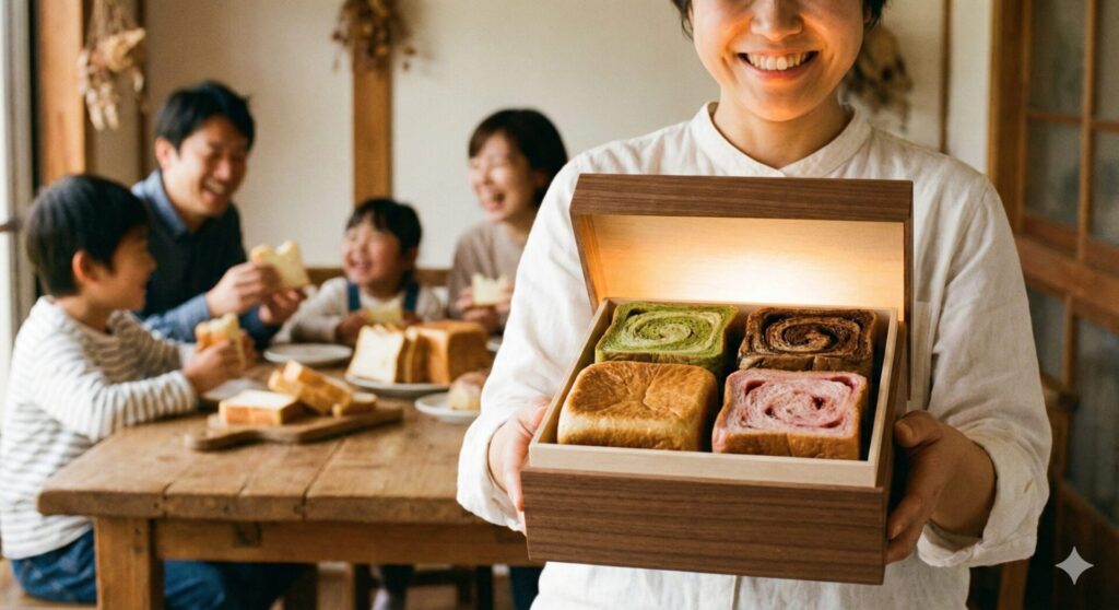 手前に木製のギフトボックスを持った女性(口元の笑顔のみ)を配置し、背景にボケた状態で幸せそうにパンを食べる家族(父、母、子供2人)が映る、温かみのあるライフスタイル写真。