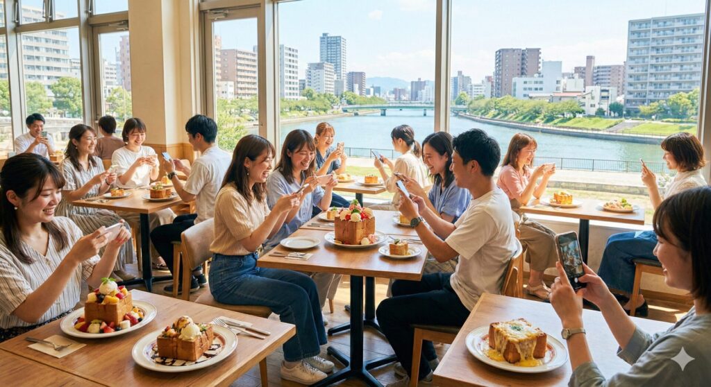 川沿いの明るいカフェで、多くの若い男女がテーブルに並んだキューブ型のデコレーショントーストをスマートフォンで撮影している様子。大きな窓からは都市部の川と青空、ビル群が見え、開放感のある店内でSNS映えするスイーツを楽しむ賑やかな光景。