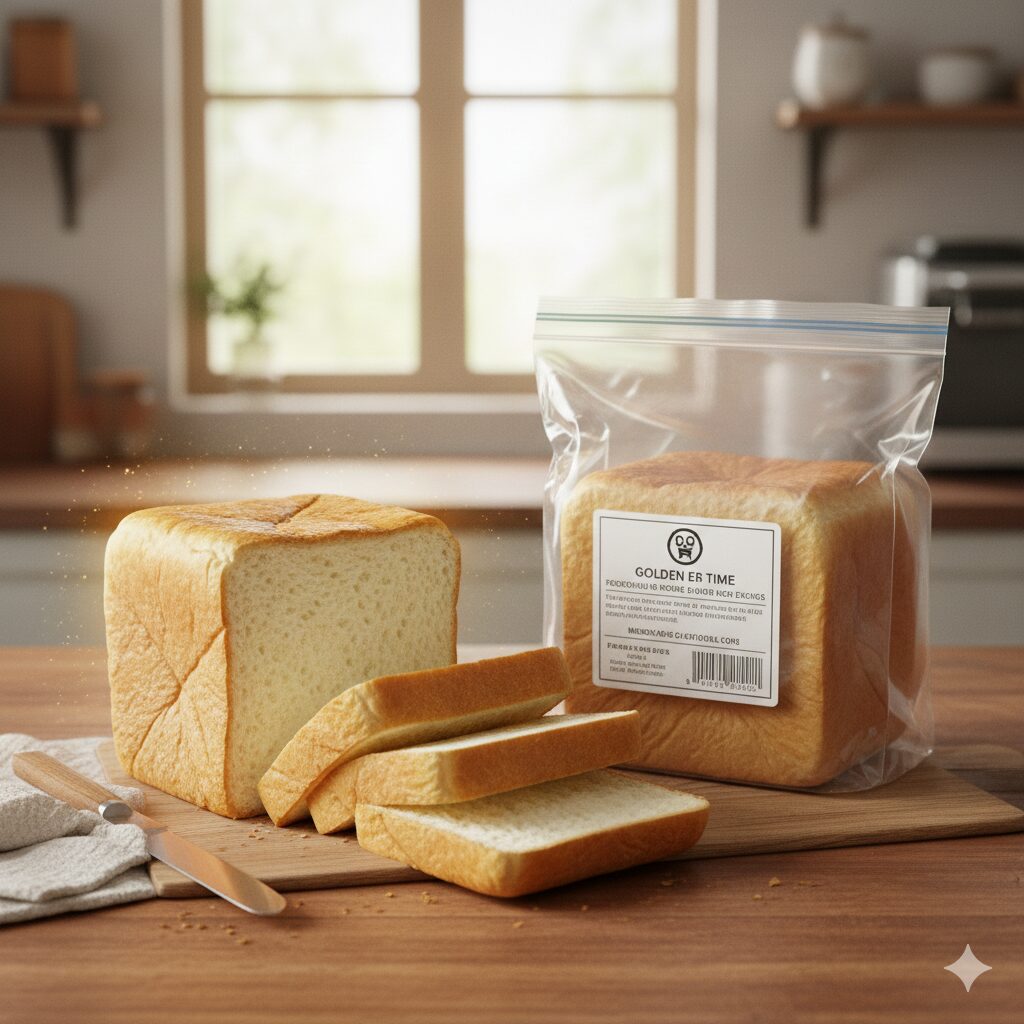 明るいキッチンで、木製カッティングボードの上に並べられたスライス済みの食パンと、ジッパー袋にパッケージされた一斤の角型食パン。隣にはジャムナイフが置かれ、窓からの自然光が差し込む清潔感のある風景。