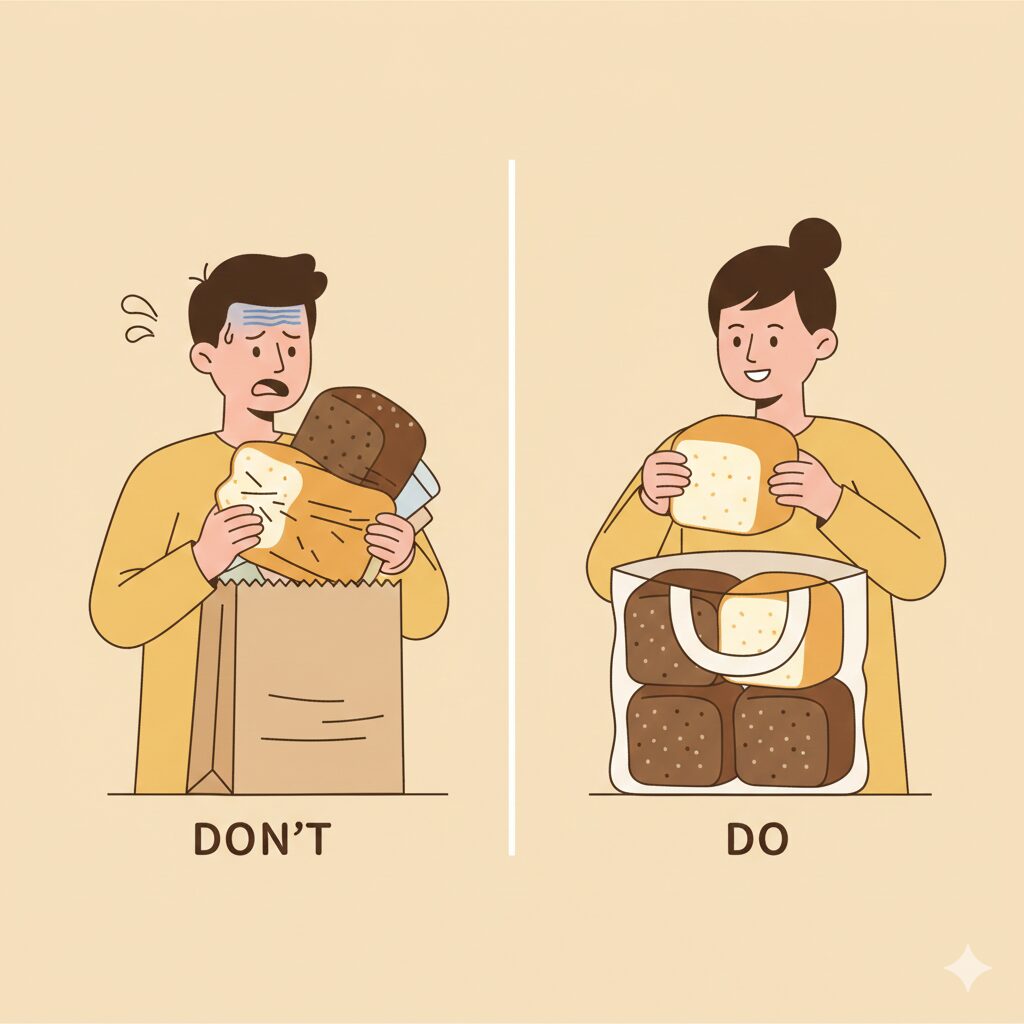 「パンの持ち運び方の比較イラスト。左側の『DON’T』では、男性が紙袋から溢れそうなキューブ型の食パンを無理に抱えて汗を流し、パンが潰れそうになっている様子。右側の『DO』では、女性が透明な底広のトートバッグに、4つのキューブパンを隙間なくきれいに並べて笑顔で持ち運んでいる様子。背景は薄いベージュ。パンの型崩れを防ぐためのパッキングのコツを示唆している。」