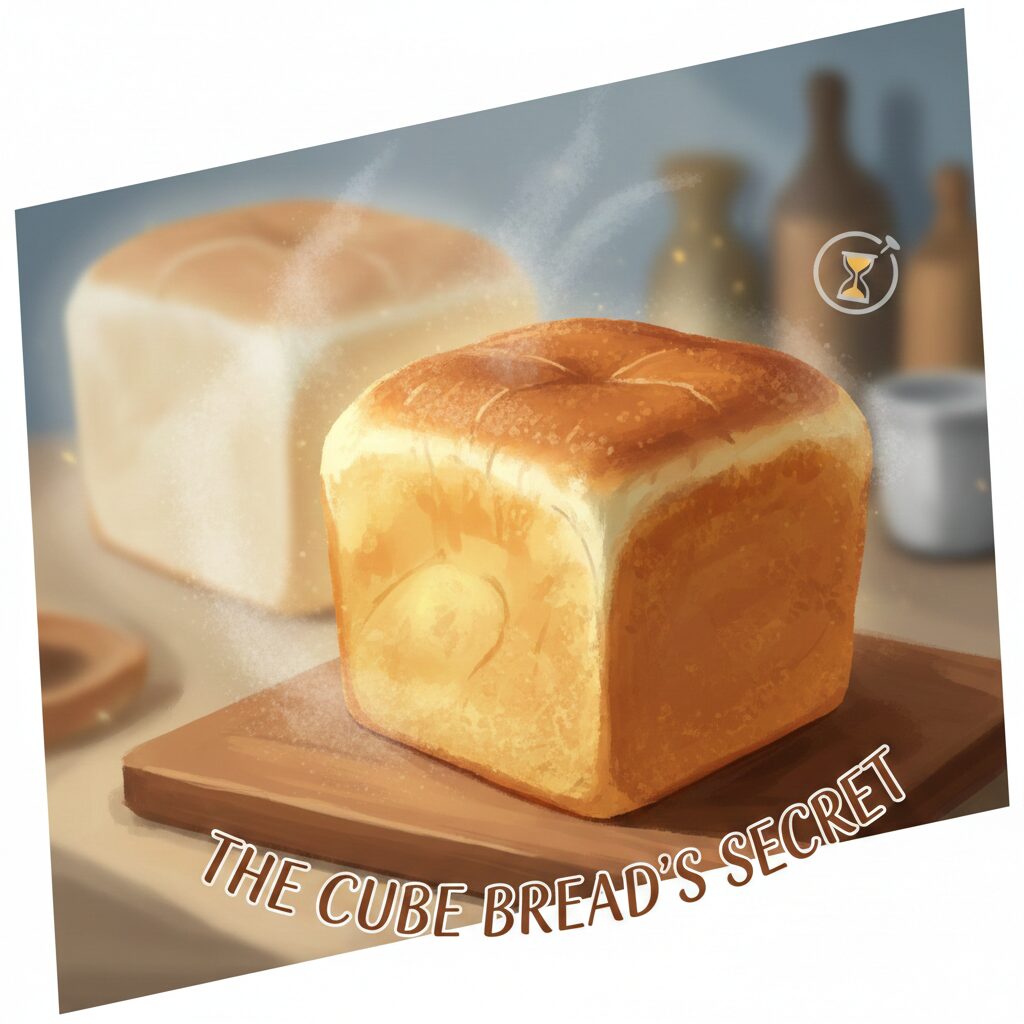 「THE CUBE BREAD'S SECRET」という文字が添えられた、木のボードに乗った焼きたての角型キューブパンのイラスト。パンからは白い湯気が立ち上り、背景にはぼかした瓶や砂時計のアイコンが描かれている。
