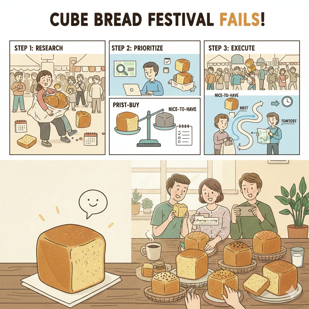 『CUBE BREAD FESTIVAL FAILS!』という見出しのインフォグラフィック。上段左から、ステップ1:混雑する会場でのリサーチ、ステップ2:PCと天秤を使った優先順位付け(優先度高・低の比較)、ステップ3:会場マップを持って効率的にブースを回る実行シーン。下段左には単体のキューブパン、下段右には3人の友人がテーブルいっぱいの様々なキューブパンを囲み、写真を撮ったり食べたりして楽しんでいる様子。全体的に温かみのある手書き風のイラスト。」