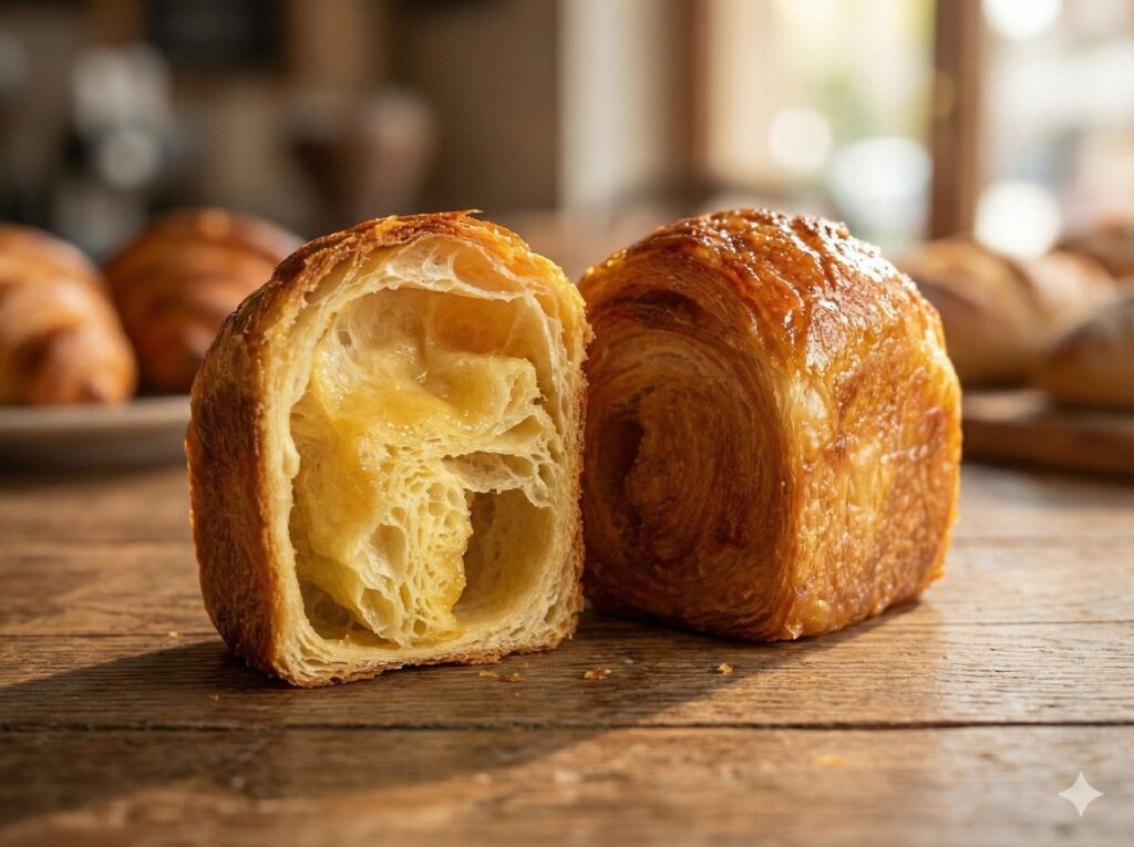 木のテーブルに置かれた、二つに割られたクロワッサン生地の「はちみつクロワッサン」。左側の断面からは、しっとりと重なり合う繊細な層構造が見える。右側のパンは艶のある濃い焼き色がついており、背景にはぼんやりとパン屋の風景が広がる。