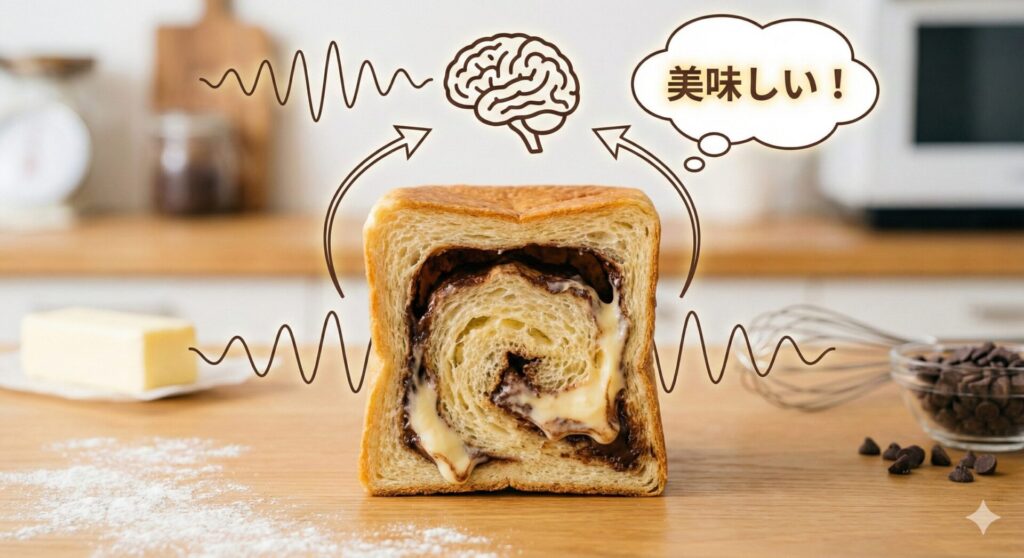 中央に厚切りの食パンの断面を配置。その上部に脳のイラスト、左右に脳へ向かう電気信号のような波形ラインと矢印が配置されています。