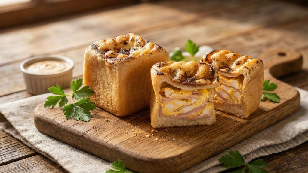 木製ボードに載せられた、表面が香ばしく焼き上げられた正方形の惣菜パン。カットされた断面からは、層状に重ねられたピンク色のハムと、半熟状に固まった黄色い卵がぎっしりと詰まっている様子が見える。天面はチーズが焼けて焦げ目がつき、周囲にはフレッシュなイタリアンパセリとディップソースが添えられた、シズル感のある朝食のイメージ。