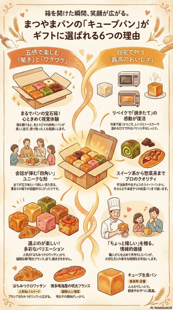 まつやまパンの「キューブパン」がギフトに選ばれる6つの理由を解説したインフォグラフィック。色とりどりの四角いパンが詰まったギフトボックスを中心に、視覚的な驚き、リベイクによる焼きたての美味しさ、会話が弾むユニークな形、スイーツ系から惣菜系(宇治抹茶、生チョコ、牛カルビ、明太フランス等)までの多彩なバリエーション、職人による情緒的価値をイラストで紹介。福岡名物や「キューブ生食パン」の魅力も網羅した、贈り物に最適なパンの魅力を伝えるデザイン。
