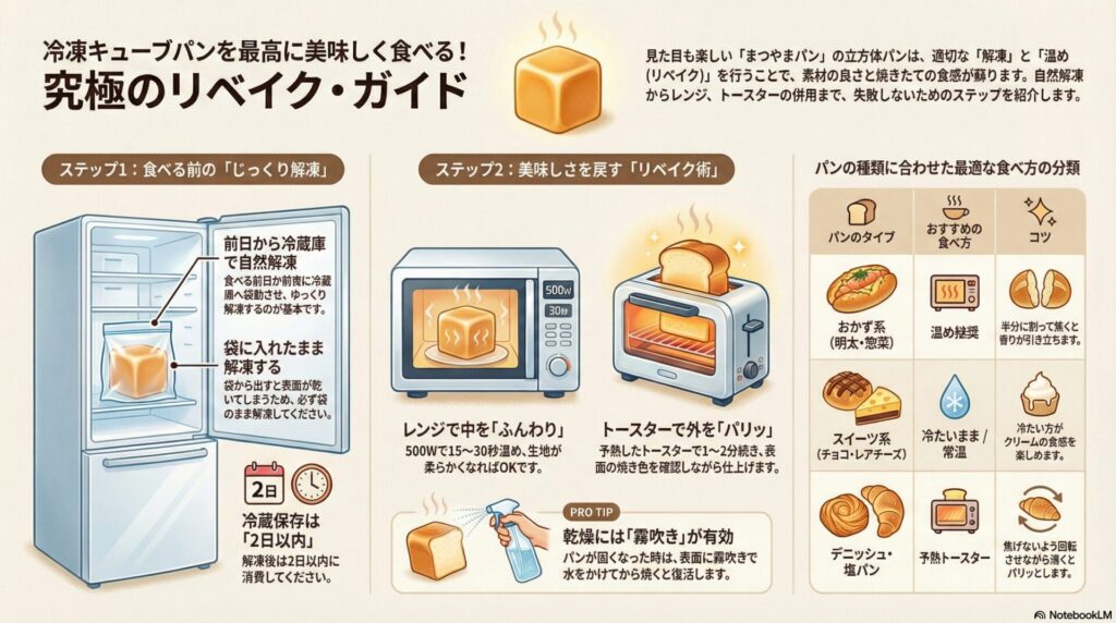 冷凍キューブパンの「究極のリベイク・ガイド」インフォグラフィック。ステップ1として冷蔵庫での自然解凍、ステップ2として電子レンジ(500Wで15〜30秒)とトースター(1〜2分)を併用するコツを解説。パンの種類(おかず系、スイーツ系、デニッシュ系)に合わせた最適な食べ方の分類表や、乾燥を防ぐための霧吹きの活用、解凍後の保存期限(2日以内)などの情報をイラスト付きで網羅。