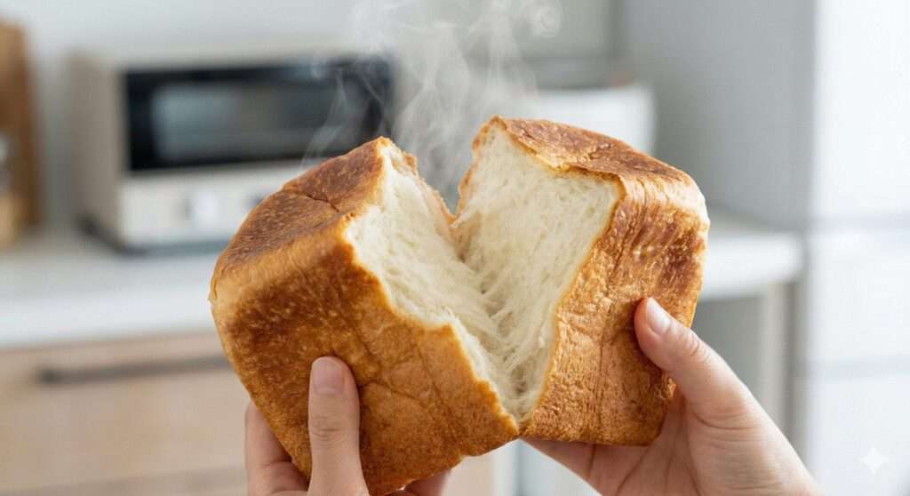 まつやまパンのキューブ型冷凍パンをリベイクした様子。外はカリッと黄金色に焼け、断面からは焼きたてのような湯気が立ち上る、鮮度抜群の冷凍パンのシズルカット。